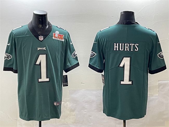 Men's Green Philadelphia Eagles #1 Jalen Hurts 2025 Super Bowl LIX Patch Vapor Untouchable Limited Stitched Football Jersey